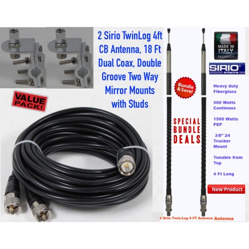 Sirio Dual Twin-Log 4 4ft 1500 Watt (26.65 - 27.75 MHz) CB Antenna kit
